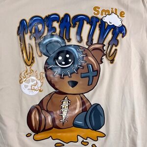 ROMWE Mens Creative Smile Teddy Bear Graphic T-Shirt Beige Streetwear Size M NEW
